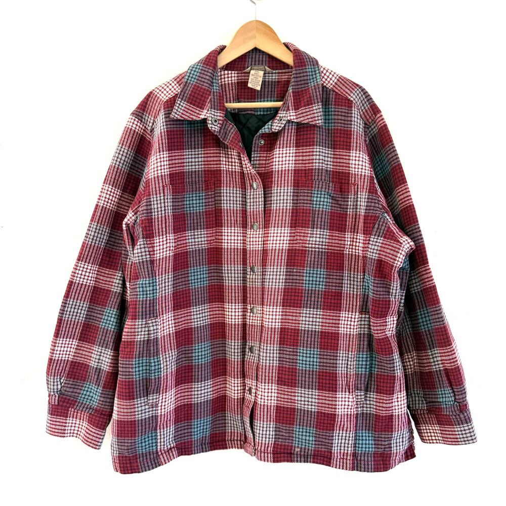 Duluth Trading Co Womens 2XL Red Plaid Quilted Flannel Shirt Jacket Shacket Snap